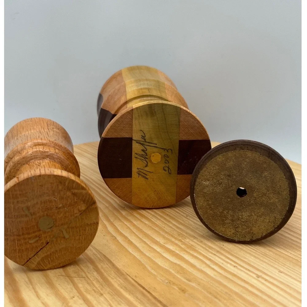 Vtg Mid Century Modern Turned Wood Candlestick Holders Set 3 minimalist